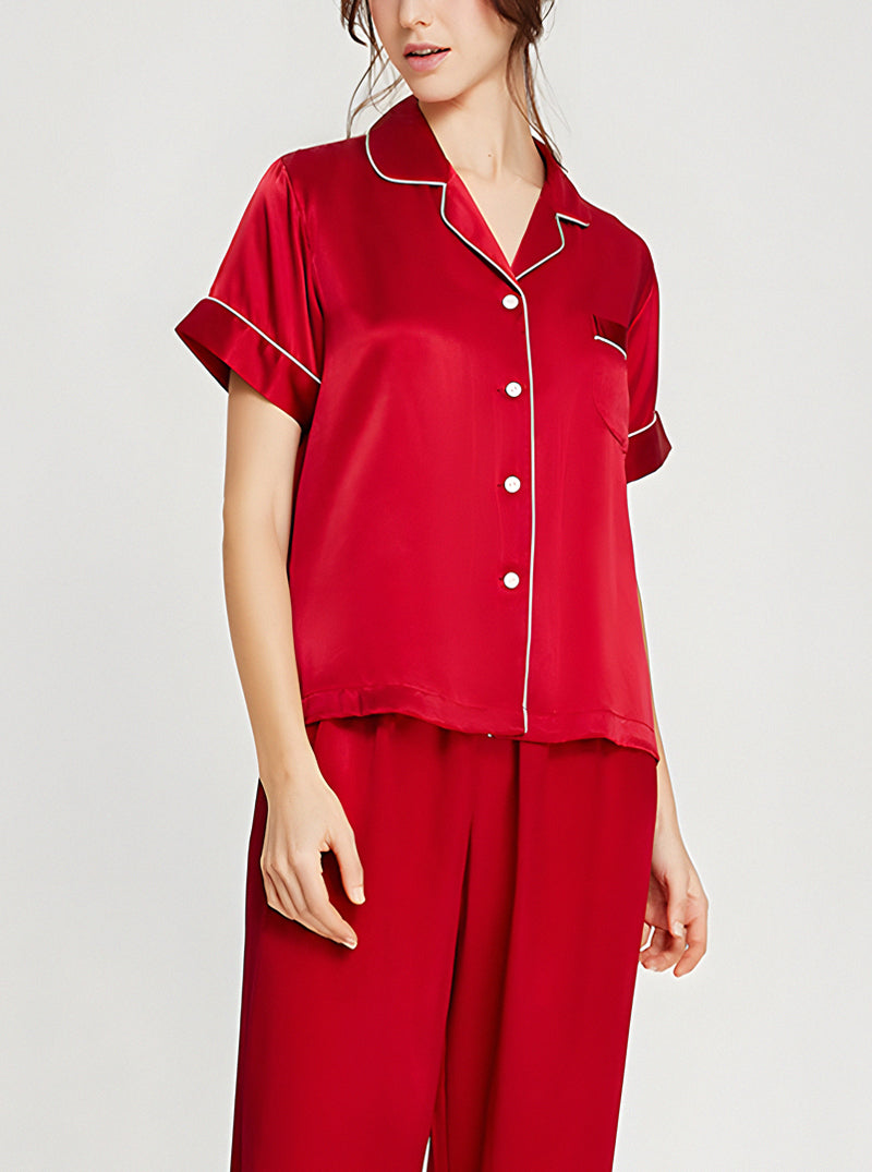 19 Momme Ladies Summer Multicolor Contrast Small Lapel Button Soft And Comfortable Short Sleeve Pants Pajama Two Piece Set