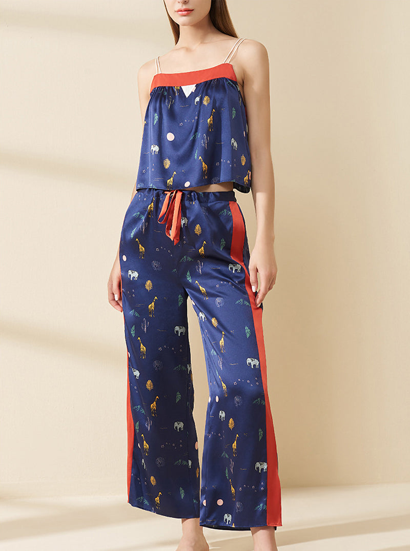 19 Momme Female Summer Silk Neckline Open Back Personality Temperament Print Contrast Color Navy Blue Suspender Trousers Two-Piece Set