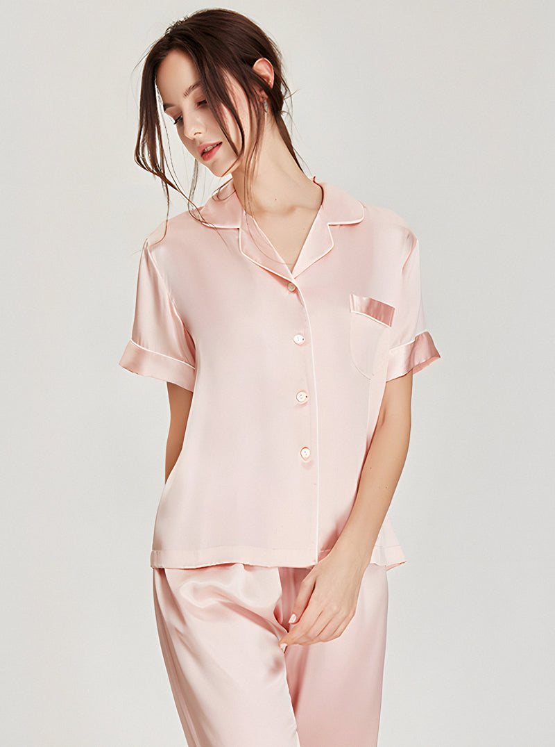 19 Momme Ladies Summer Multicolor Contrast Small Lapel Button Soft And Comfortable Short Sleeve Pants Pajama Two Piece Set