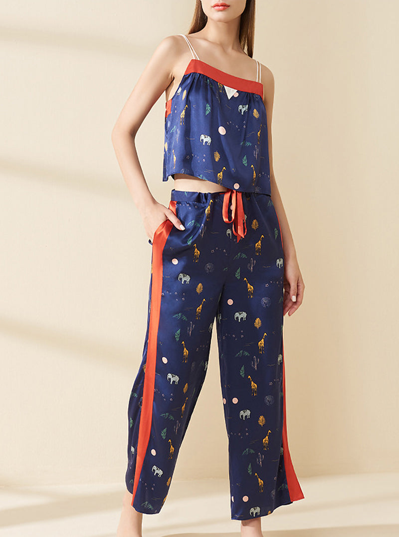 19 Momme Female Summer Silk Neckline Open Back Personality Temperament Print Contrast Color Navy Blue Suspender Trousers Two-Piece Set