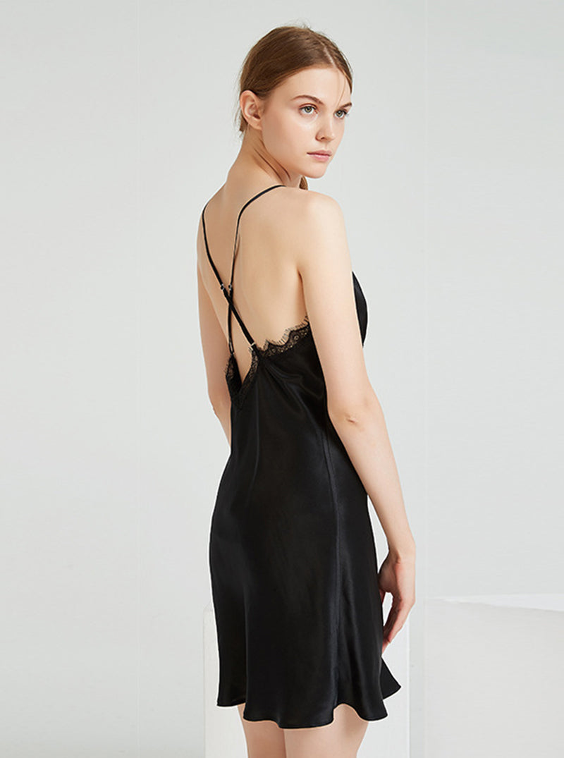 19 Momme Sexy Lace Summer Female V-Neck Charming Intellectual Mature Backless Black Suspender Nightdress