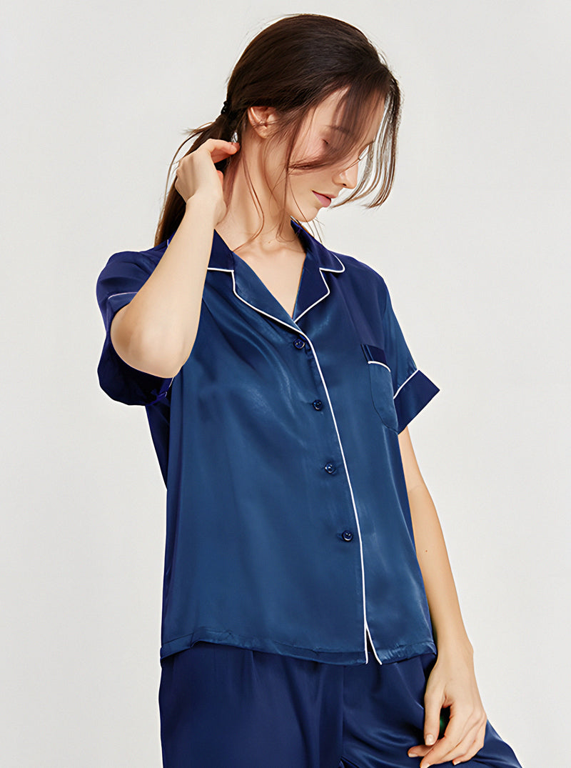 19 Momme Ladies Summer Multicolor Contrast Small Lapel Button Soft And Comfortable Short Sleeve Pants Pajama Two Piece Set