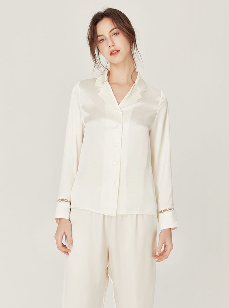 19 Momme Advanced Sense Spring Autumn Silk Matching Pajamas Female Hollow Lace Cute Lapel Long Sleeve Two-Piece Set