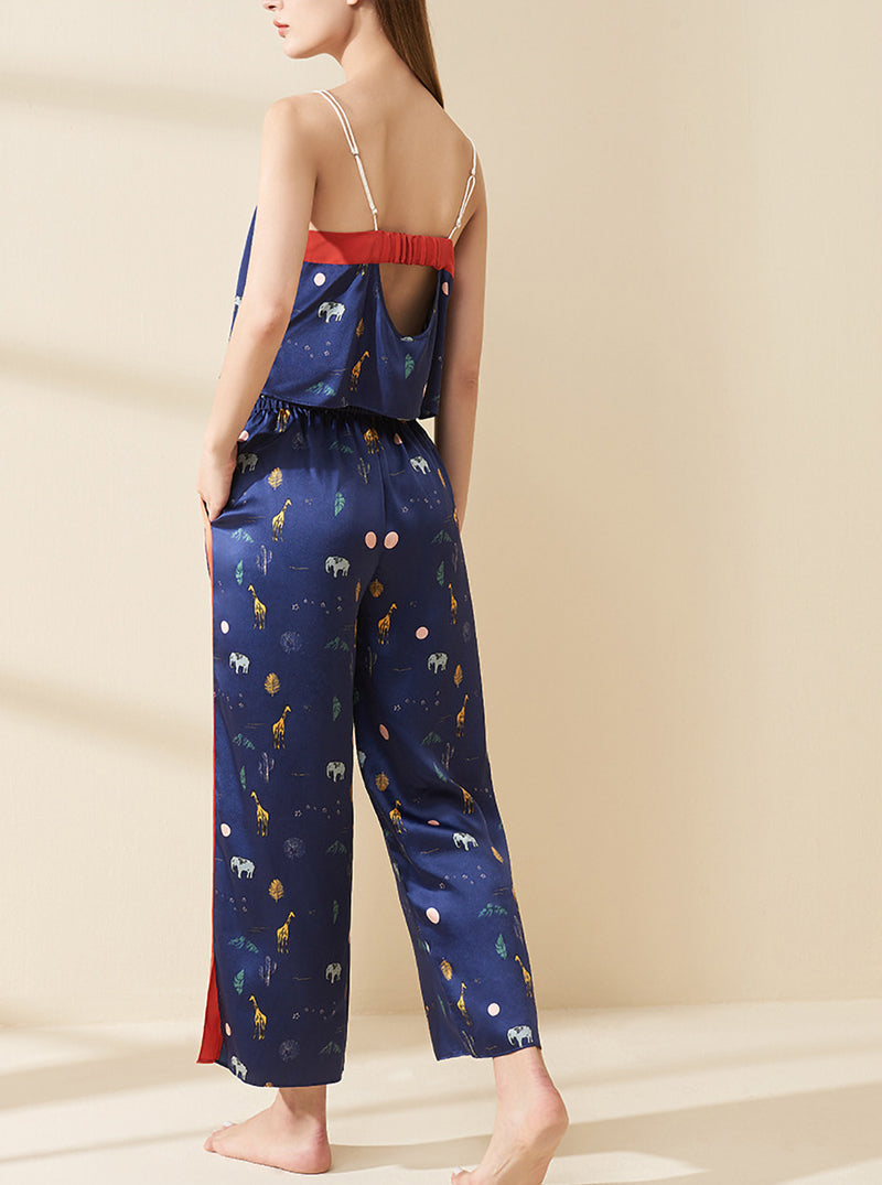 19 Momme Female Summer Silk Neckline Open Back Personality Temperament Print Contrast Color Navy Blue Suspender Trousers Two-Piece Set