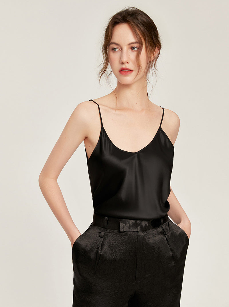 19 Momme Mulberry Silk Pajamas Top Can Be Outdoors Female Summer Pure Color Sling Vest Simple Sexy V Collar Small Camisole