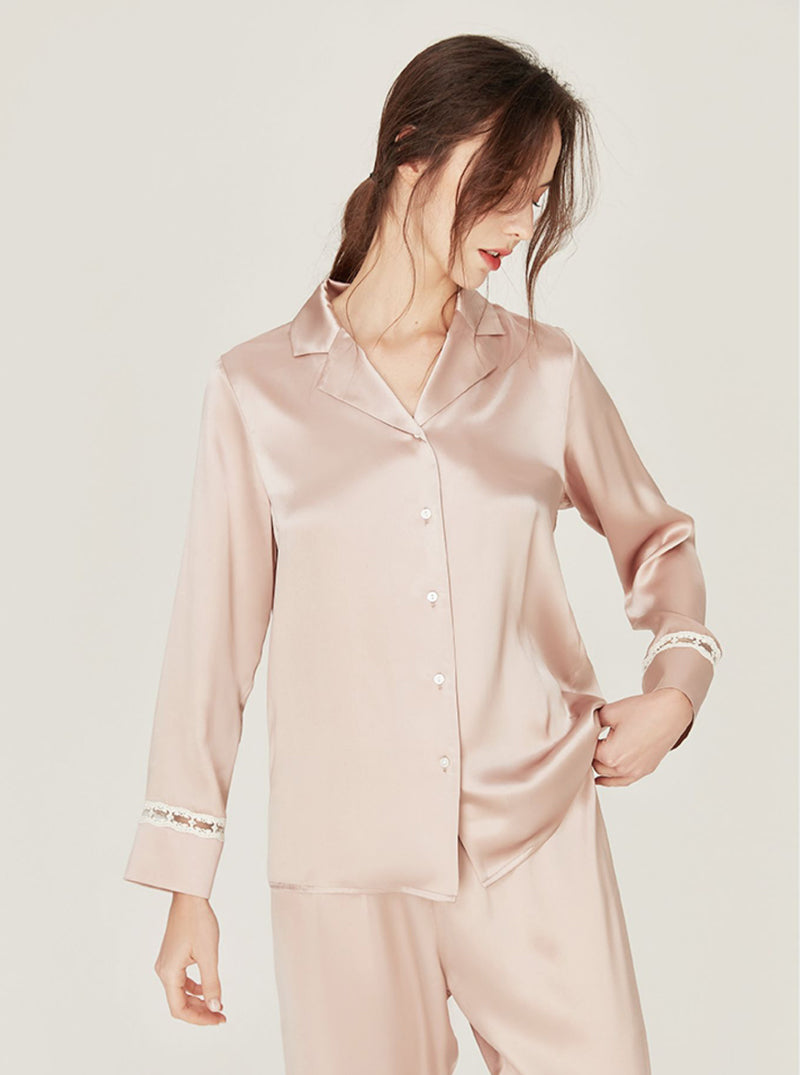 19 Momme Advanced Sense Spring Autumn Silk Matching Pajamas Female Hollow Lace Cute Lapel Long Sleeve Two-Piece Set