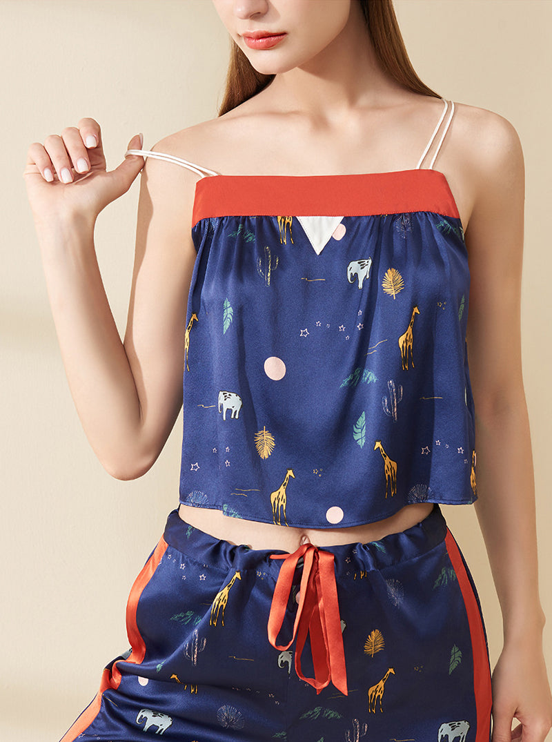 19 Momme Female Summer Silk Neckline Open Back Personality Temperament Print Contrast Color Navy Blue Suspender Trousers Two-Piece Set