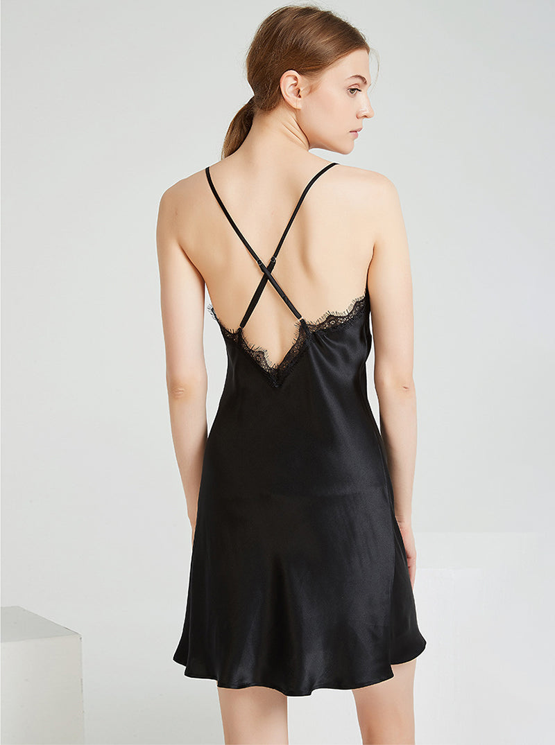 19 Momme Sexy Lace Summer Female V-Neck Charming Intellectual Mature Backless Black Suspender Nightdress