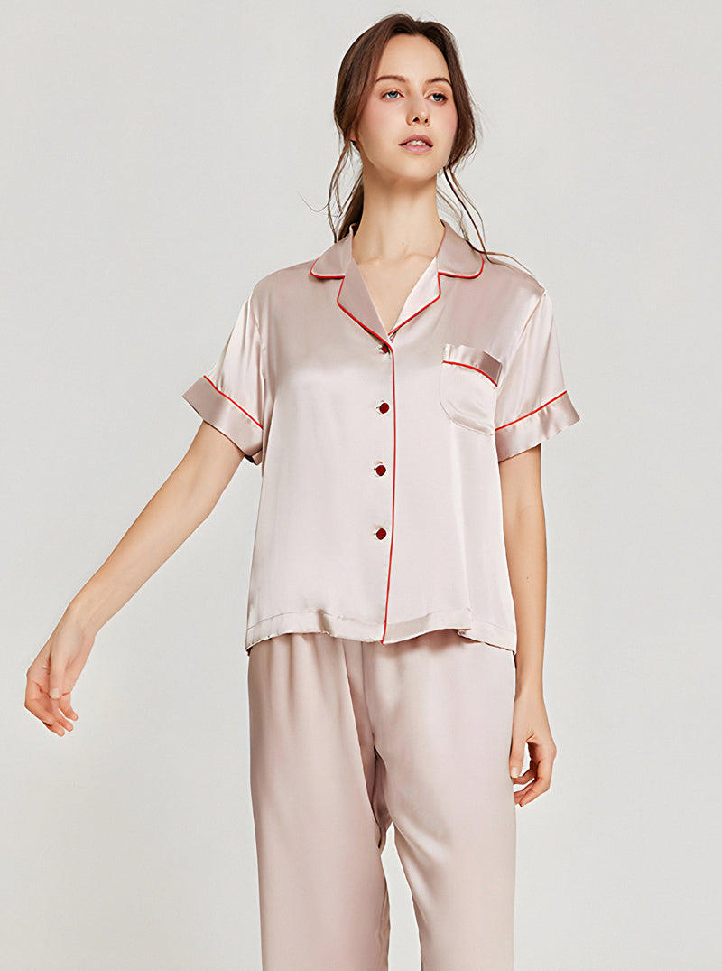 19 Momme Ladies Summer Multicolor Contrast Small Lapel Button Soft And Comfortable Short Sleeve Pants Pajama Two Piece Set