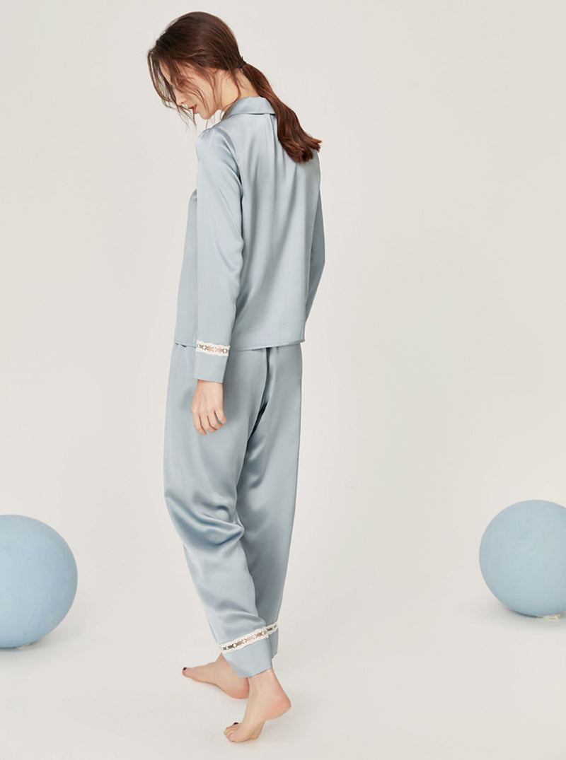 19 Momme Advanced Sense Spring Autumn Silk Matching Pajamas Female Hollow Lace Cute Lapel Long Sleeve Two-Piece Set