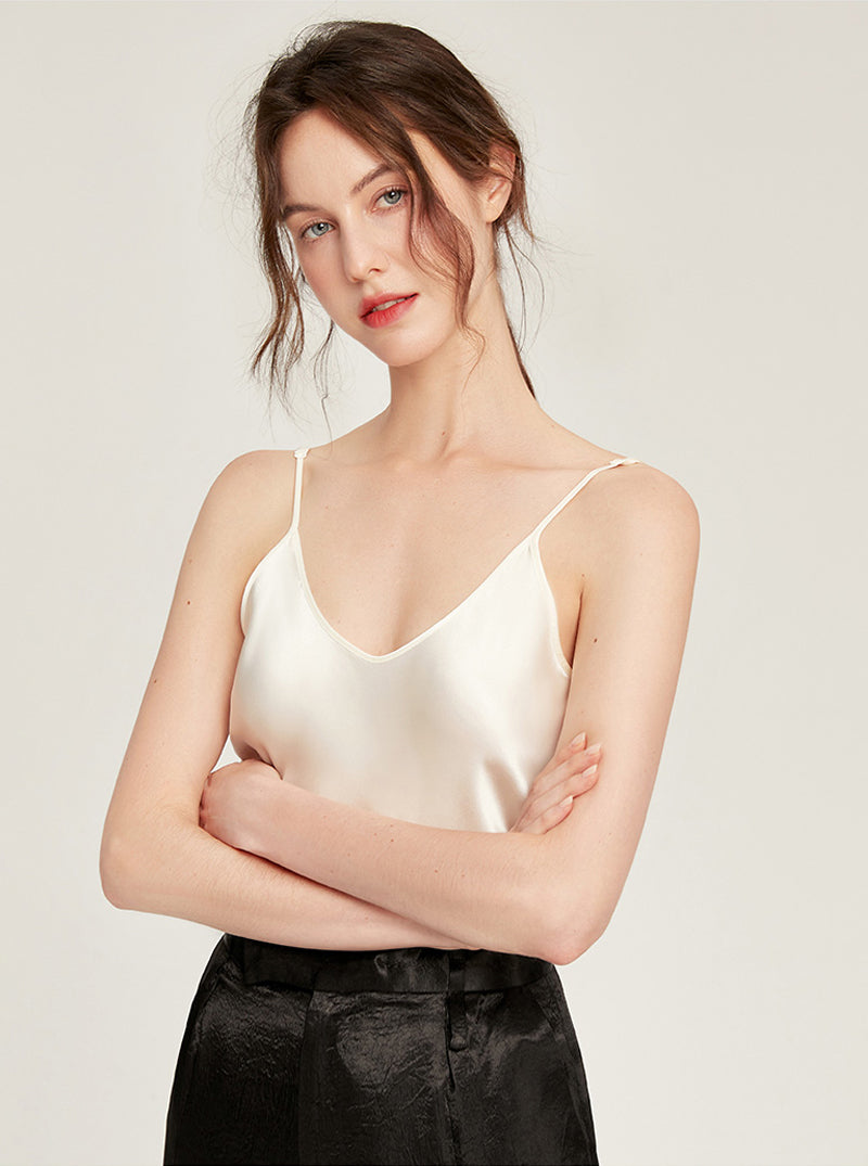 19 Momme Mulberry Silk Pajamas Top Can Be Outdoors Female Summer Pure Color Sling Vest Simple Sexy V Collar Small Camisole