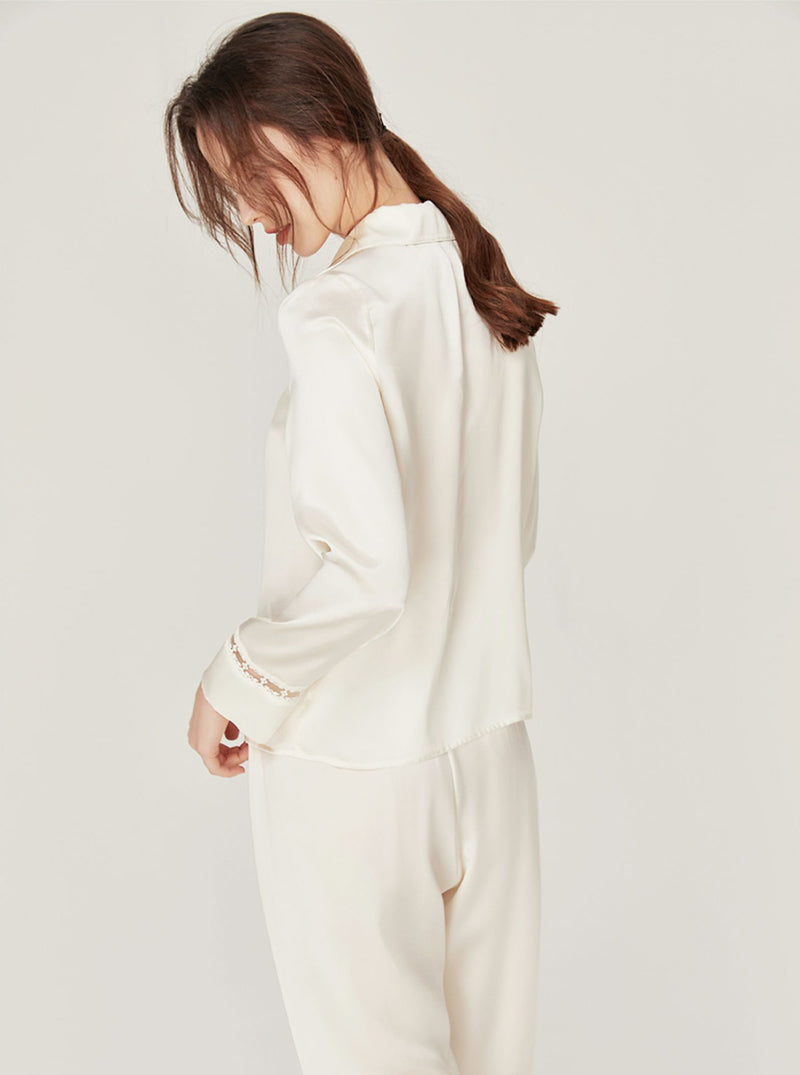 19 Momme Advanced Sense Spring Autumn Silk Matching Pajamas Female Hollow Lace Cute Lapel Long Sleeve Two-Piece Set