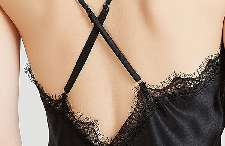 19 Momme Sexy Lace Summer Female V-Neck Charming Intellectual Mature Backless Black Suspender Nightdress